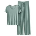 thumbnail image 1 of Women Homewear Solid Color Loose Pajamas Short Sleeve T Shirt Drawstring Wide Leg Pants Sleepwear 2 Piece Set, 1 of 7