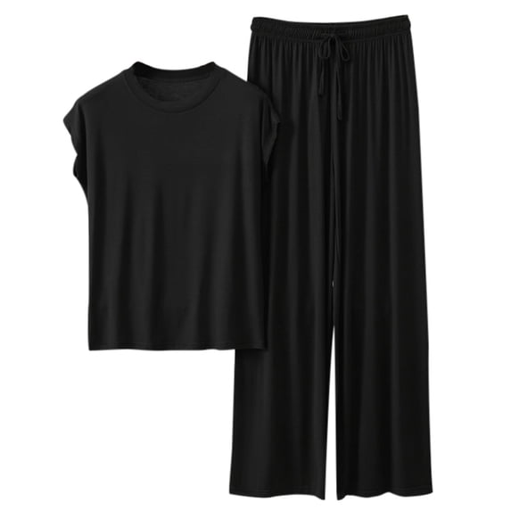 Women Homewear Solid Color Loose Pajamas Short Sleeve T Shirt Drawstring Wide Leg Pants Sleepwear 2 Piece Set