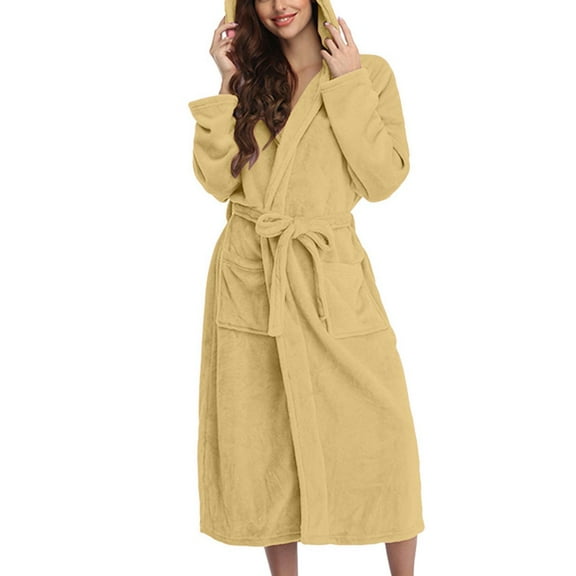 Women Hooded Bathrobe Lightweight Soft Plush Long Flannel Sleepwear Hooded Bathrobe Plush Long Warm Robe
