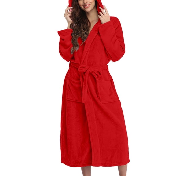 Women Hooded Bathrobe Lightweight Soft Plush Long Flannel Sleepwear Hooded Bathrobe Plush Long Warm Robe