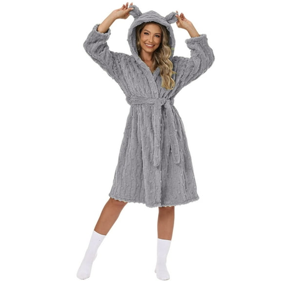 Women Hooded Bathrobe Plush Fleece Robe with Ears Soft Warm Belted Loungewear Sleepwear Cozy Housecoat