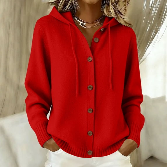 Women Hooded Button Front Knit Cardigan Top Drawstring Long Sleeve Loose Soft Sweater, L