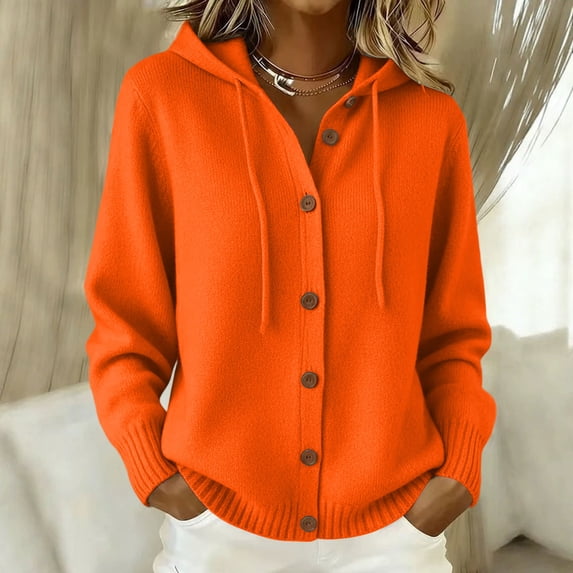 Women Hooded Button Front Knit Cardigan Top Drawstring Long Sleeve Loose Soft Sweater, M