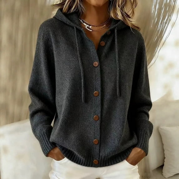 Women Hooded Button Front Knit Cardigan Top Drawstring Long Sleeve Loose Soft Sweater, M