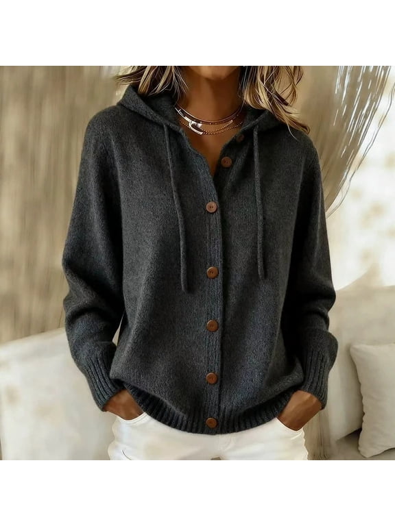 Women Hooded Button Front Knit Cardigan Top Drawstring Long Sleeve Loose Soft Sweater, S