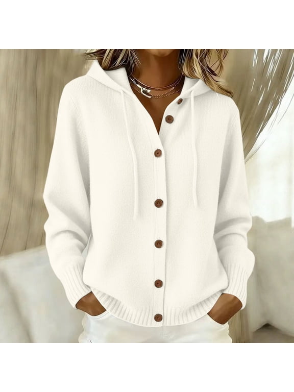 Women Hooded Button Front Knit Cardigan Top Drawstring Long Sleeve Loose Soft Sweater, S