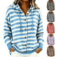 thumbnail image 1 of Women Hooded Button Front Knit Cardigan Top,Striped Outerwear Knitted Hooded,Oversized Drawstring Long Sleeve Loose Soft Sweater Coat,Fall Winter Warm Daily Blouse Business Casual Outfits Blue, 1 of 4