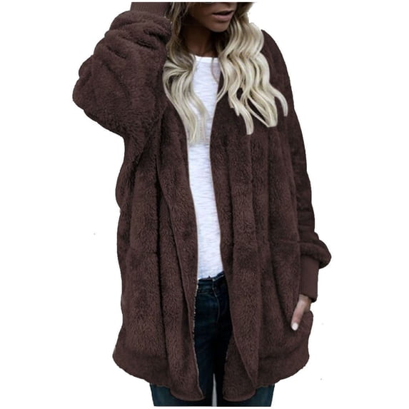Women Hooded Cardigan Fuzzy Jacket Winter Open Front Fleece Coat Outwear with Pockets Brown 2XL