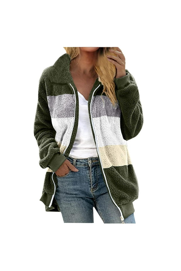 Women Hooded Cardigan Fuzzy Jacket Winter Open Front Fleece Coat Outwear with Pockets Army Green XXL