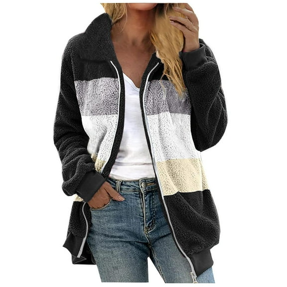 Women Hooded Cardigan Fuzzy Jacket Winter Open Front Fleece Coat Outwear with Pockets Black L