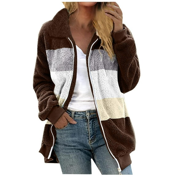 Women Hooded Cardigan Fuzzy Jacket Winter Open Front Fleece Coat Outwear with Pockets Coffee XXL