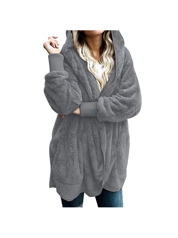 Women Hooded Cardigan Fuzzy Jacket Winter Open Front Fleece Coat Outwear with Pockets Gray 3XL