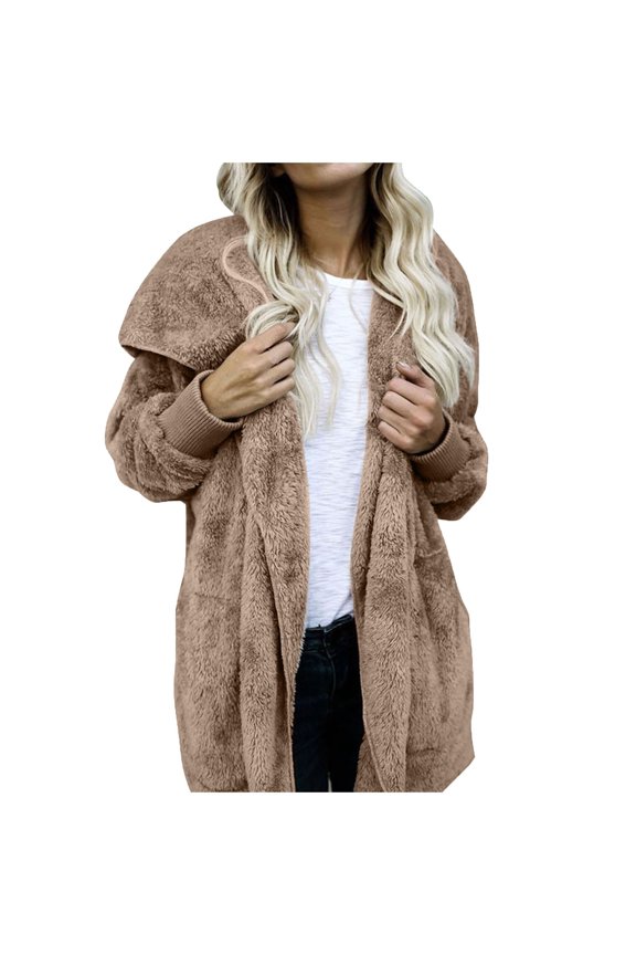 Women Hooded Cardigan Fuzzy Jacket Winter Open Front Fleece Coat Outwear with Pockets Multicolor L