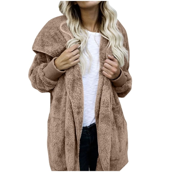 Women Hooded Cardigan Fuzzy Jacket Winter Open Front Fleece Coat Outwear with Pockets Multicolor XL