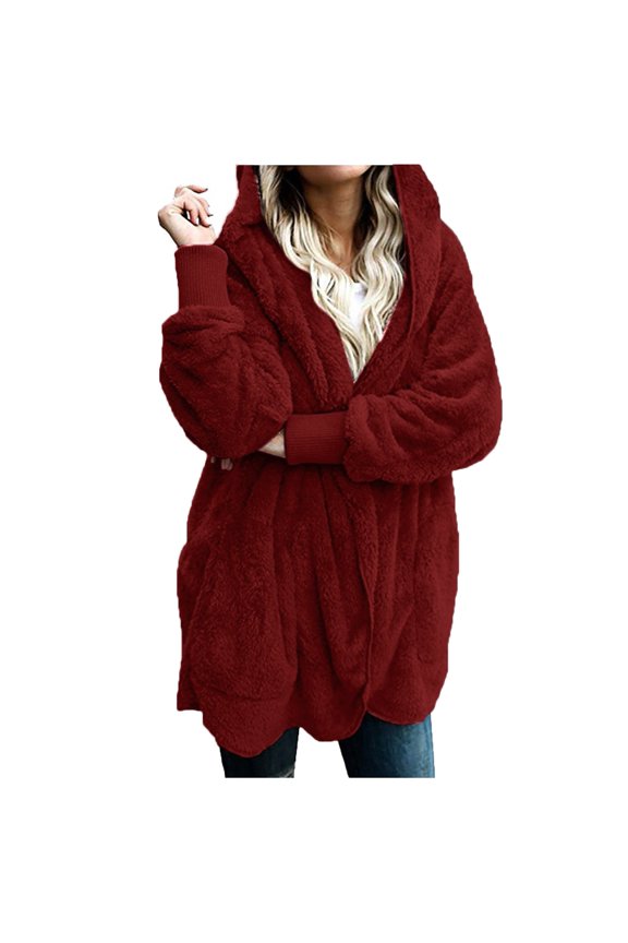 Women Hooded Cardigan Fuzzy Jacket Winter Open Front Fleece Coat Outwear with Pockets Red S