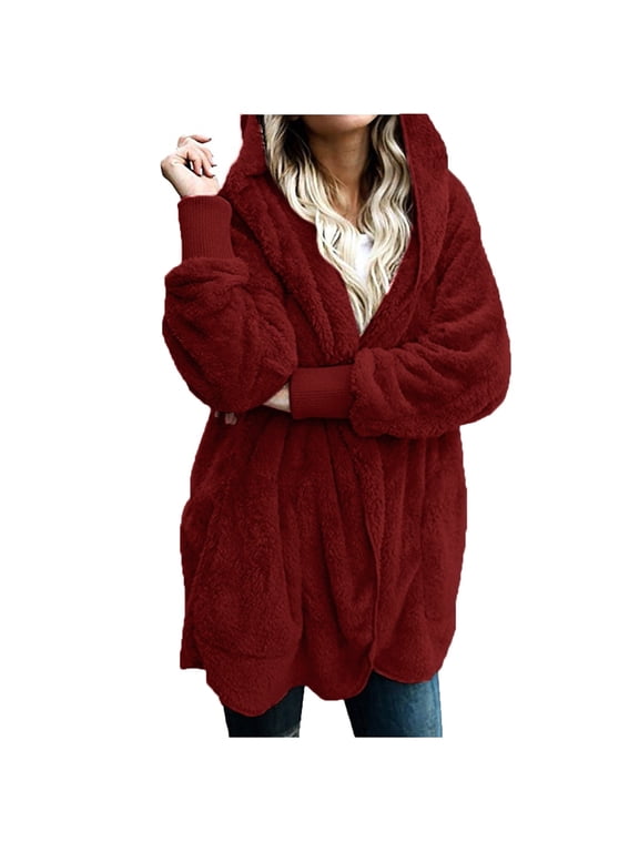 Women Hooded Cardigan Fuzzy Jacket Winter Open Front Fleece Coat Outwear with Pockets Red S