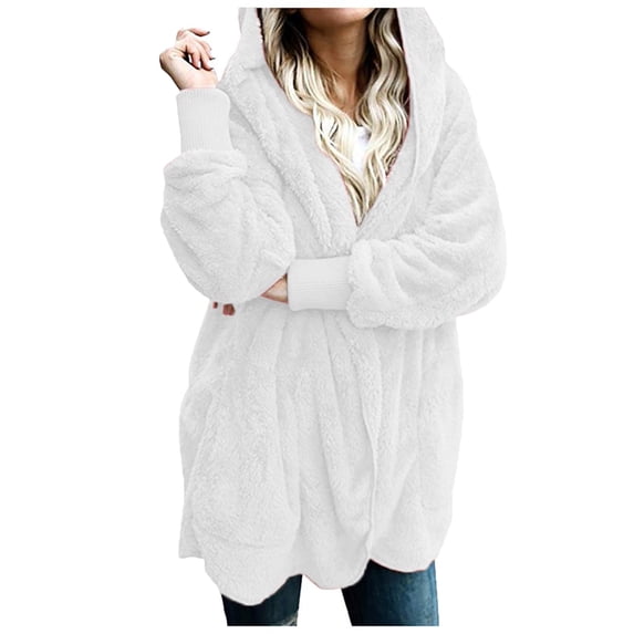 Women Hooded Cardigan Fuzzy Jacket Winter Open Front Fleece Coat Outwear with Pockets White XL