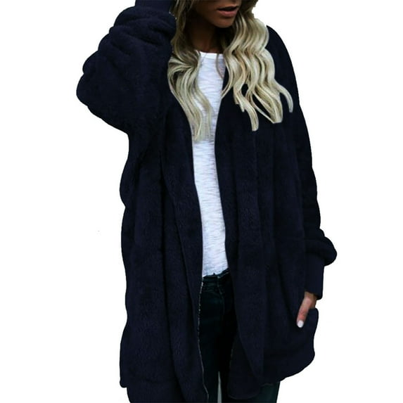 Women Hooded Cardigan Fuzzy Jacket Winter Open Front Fleece Coat Outwear with Pockets Winter Cozy Lounge Outerwear