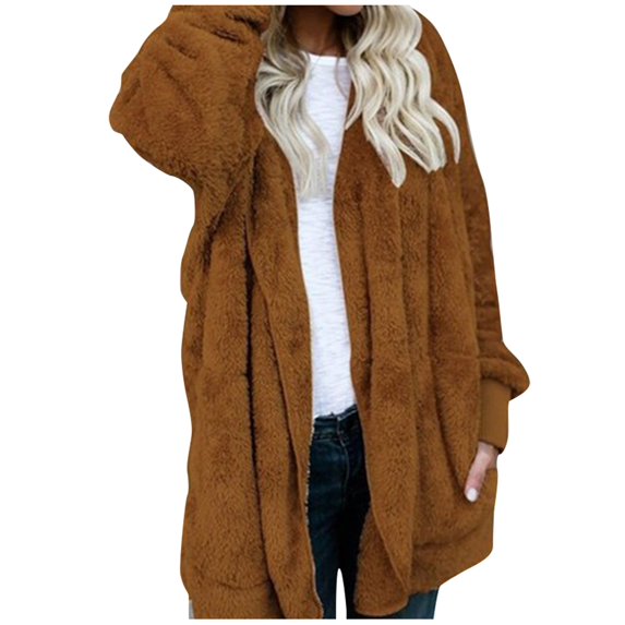 Women Hooded Cardigan Fuzzy Jacket Winter Open Front Fleece Coat Outwear with Pockets