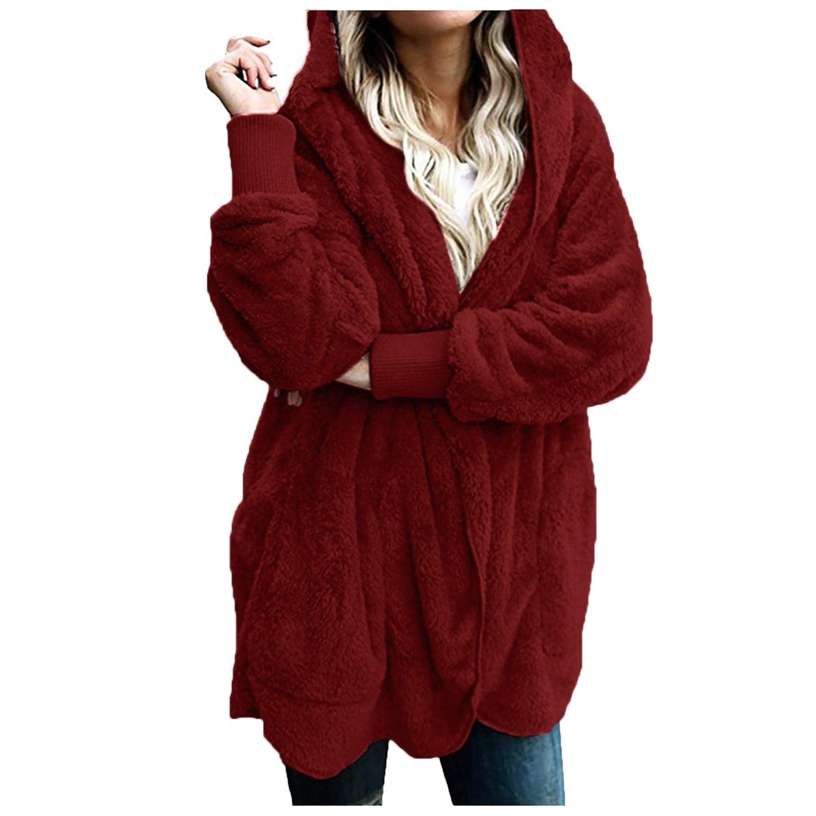 Women Hooded Cardigan Fuzzy Jacket Winter Open Front Fleece Coat Outwear with Pockets Walmart