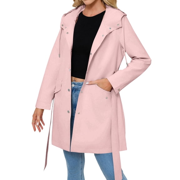 Women Hooded Classic Tie Belt Drawstring Outdoor Activity Waterproof Rain Coat Windbreaker Pink M