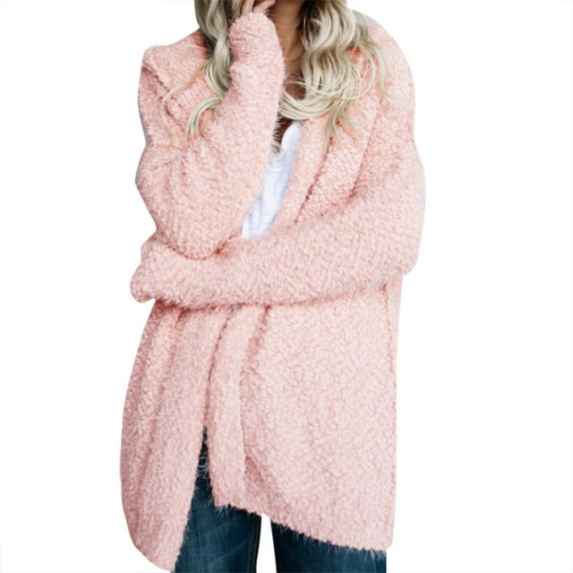 Women Hooded Coat Faux Fur Zipper Coat Women Oversize Fleece Soft Jacket Thick Long Sleeve Plush Jackets Pink L