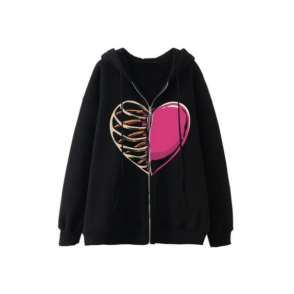 Women Hooded Coat, Long Sleeve Skull/ Spider Web/ Heart Printed Zipper Fall Spring Casual Jackets