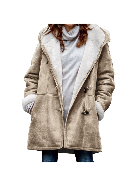 Women Hooded Duffle Coat, Fleece Lined Warm Mid-Length Outerwear, Toggle Button Long Sleeve Thick Winter Jacket with Side Pockets Khaki,XL
