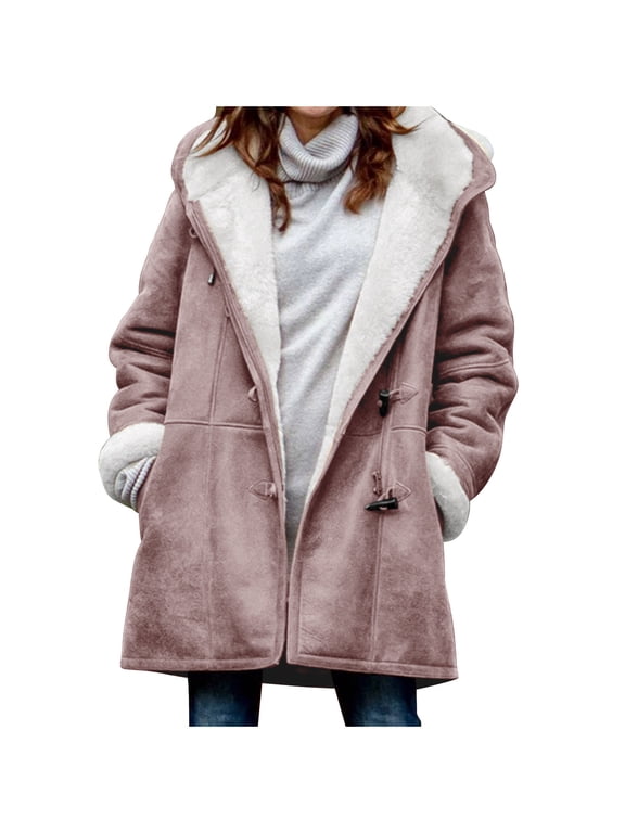 Women Hooded Duffle Coat, Fleece Lined Warm Mid-Length Outerwear, Toggle Button Long Sleeve Thick Winter Jacket with Side Pockets Pink,M