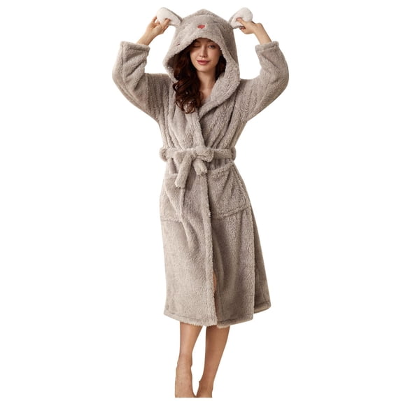 Women Hooded Fleece Robe, Cute Hood Fuzzy Mid-Length Spa Bathrobes with Pockets Soft Warm Fall Winter House Coats Robes Gray M