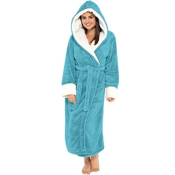 Women Hooded Fleece Robe Short Plush Robes for Womens With Hood Soft Warm Spa Bathrobe Sky Blue 2XL