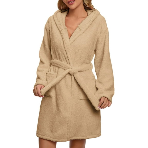 Women Hooded Fleece Robe, Short Plush Robes for Womens With Hood Soft Warm Spa Bathrobe Sleepwear,Color:Khaki,Size:M