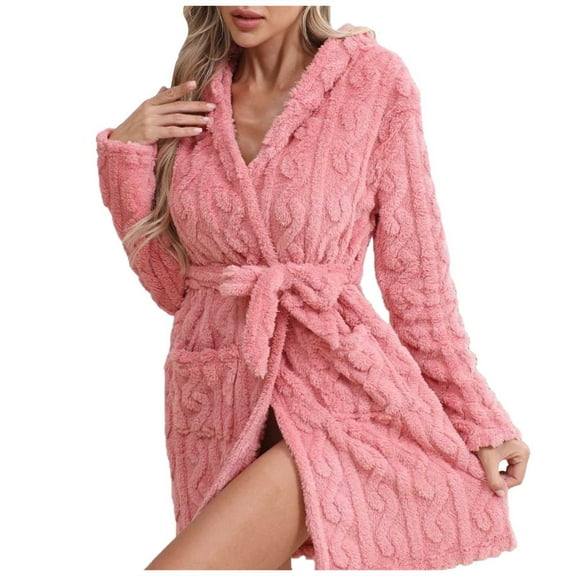 Women Hooded Fleece Robe, Short Plush Robes for Womens With Hood Soft Warm Spa Bathrobe Sleepwear,Color:Pink,Size:S
