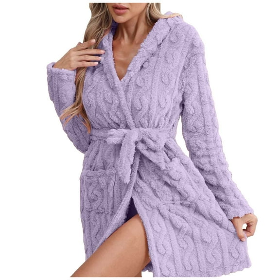 Women Hooded Fleece Robe, Short Plush Robes for Womens With Hood Soft Warm Spa Bathrobe Sleepwear,Color:Purple,Size:S
