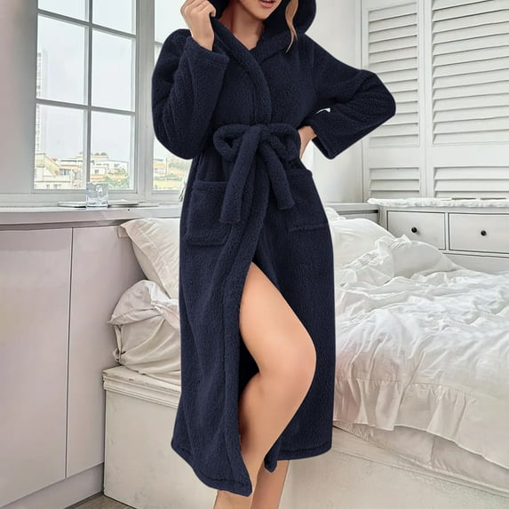 Women Hooded Fleece Robe with Belt Cozy Plush Hoodie Bathrobe Casual Christmas Fluffy Nightgown Bath Robes (L, Navy)