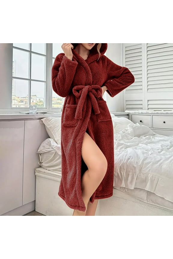 Women Hooded Fleece Robe with Belt Cozy Plush Hoodie Bathrobe Casual Christmas Fluffy Sleepwear Bath Robes (M, Wine)