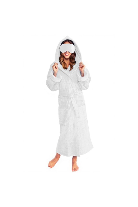 Women Hooded Fleece Robe with Eye Mask, Winter Warm Fleece Fuzzy Loungewear Spa Bathrobe with Pockets White XXL