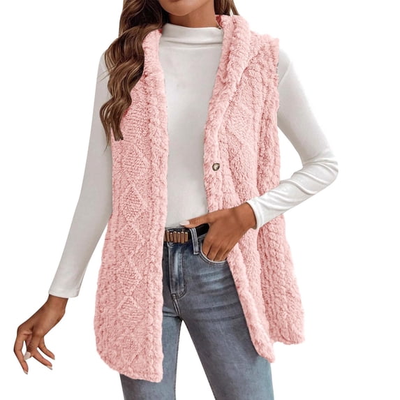 Women Hooded Fleece Sherpa Vest Sleeveless Button Down Open Front Fuzzy Coats Cozy Fall Winter Warm Waistcoat Vest