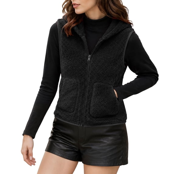 Women Hooded Fleece Vest Zip up Sleeveless Cropped Fuzzy Waistcoat Casual Fall Winter Loungewear Gilet Outerwear with Pockets Black XL