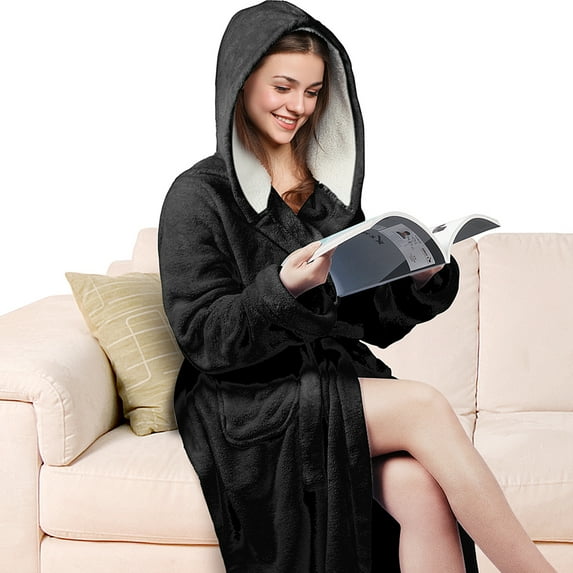 Women Hooded Fluffy Long Robes Warm Plush Sherpa Lined Hood Fleece Bathrobe with Pocket