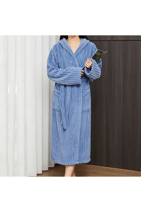 Women Hooded Fuzzy Bath Robe Warm Ribbed Fleece Wrap Loungewear Belt Bathrobes with Pockets Shower Casual Home Robe Blue One Size
