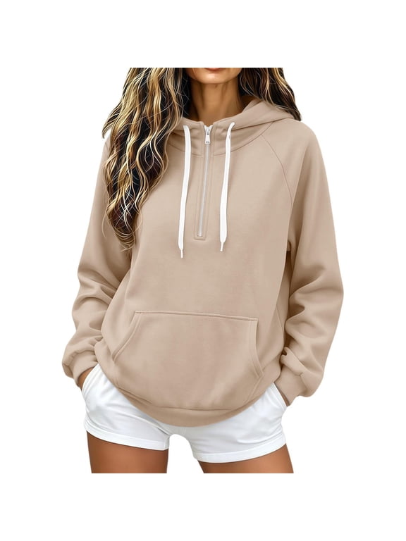 Women Hooded Half Zip Raglan Long Sleeve Sweatshirt Jacket Top