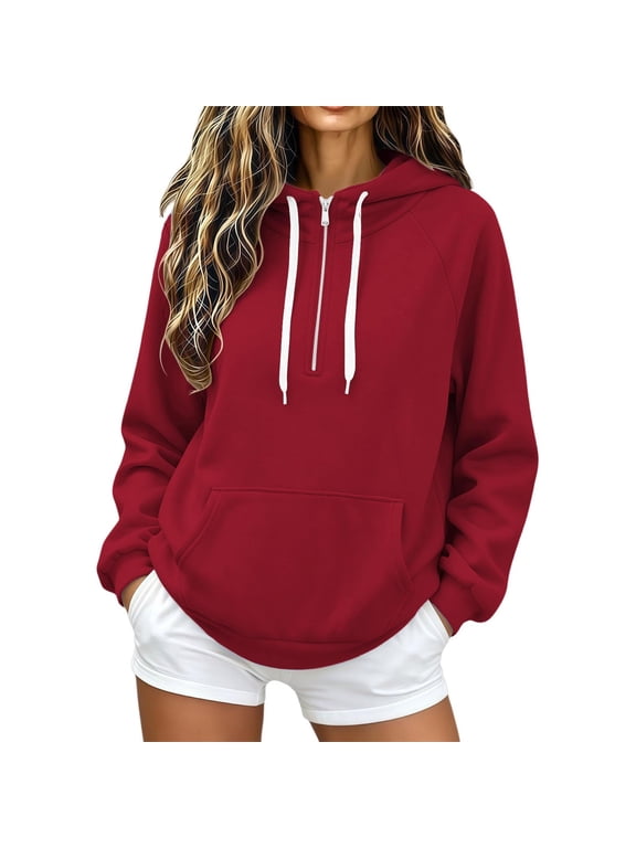 Women Hooded Half Zip Raglan Long Sleeve Sweatshirt Jacket Top