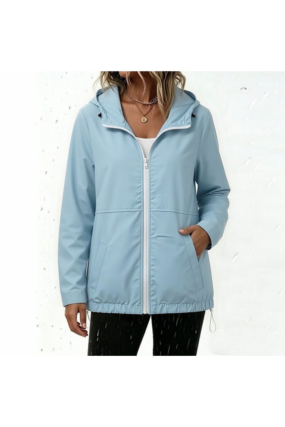 Women Hooded Lightweight Rain Jacket Solid Color Full Zip Drawstring Hem Windbreaker Coat with Side Pockets for Outdoor Light Blue M