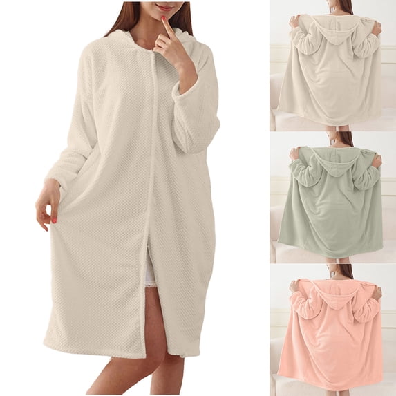 Women Hooded Long Sleeve Fuzzy Bath Robe Snap Front Absorbent Shower Wrap Robe Soft Warm Home Loungewear Beige One Size