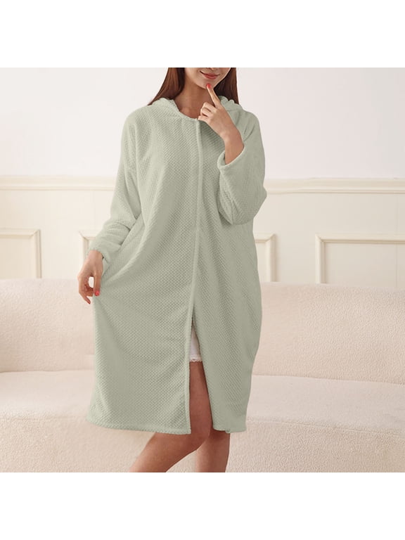 Women Hooded Long Sleeve Fuzzy Bath Robe Snap Front Absorbent Shower Wrap Robe Soft Warm Home Loungewear Green One Size