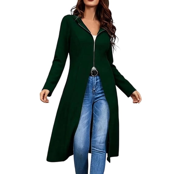 Women Hooded Long Zip Up Cardigan Coat, Solid Color Long Sleeve Open Front Duster Jacket, Casual Lightweight Maxi Length Layering Outerwear for Fall Winter Green XL(XL)