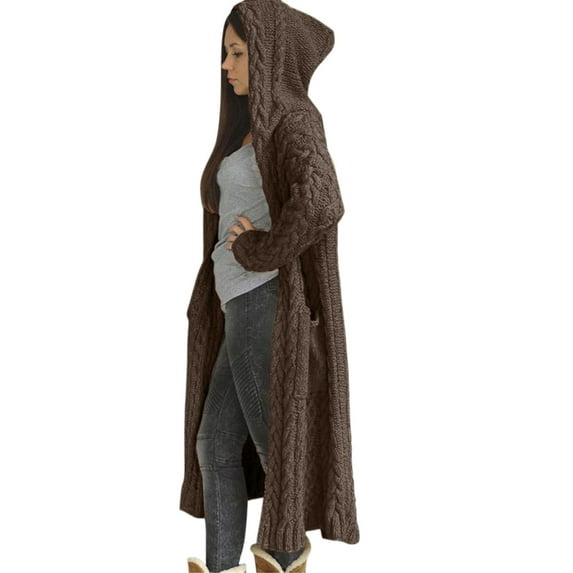 Women Hooded Open Front Cardigan Cable Knit Solid Color Long Sweater Coats Long Sleeve Casual Warm Outwear with Pockets