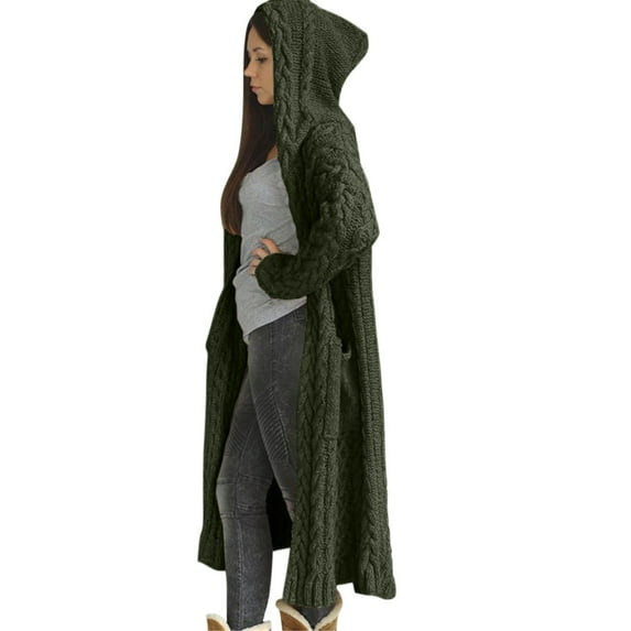 Women Hooded Open Front Cardigan Cable Knit Solid Color Long Sweater Coats Long Sleeve Casual Warm Outwear with Pockets