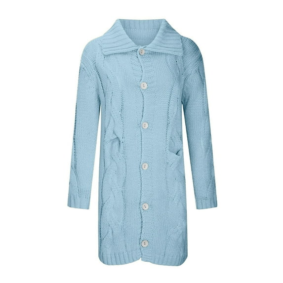 Women Hooded Open Front Cardigan Cable Knit Sweaters Solid Color Button Down Chunky Long Sweater Coats with Pocket